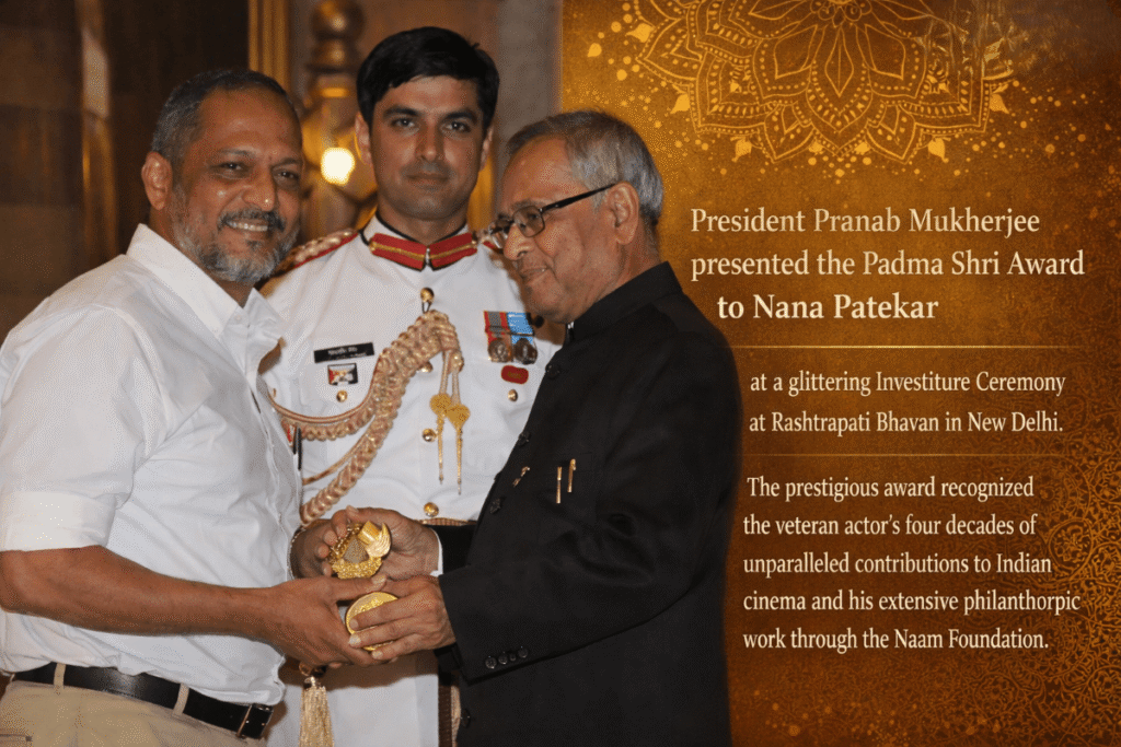 Nana Patekar receiving the Padma Shri award from President Pranab Mukherjee